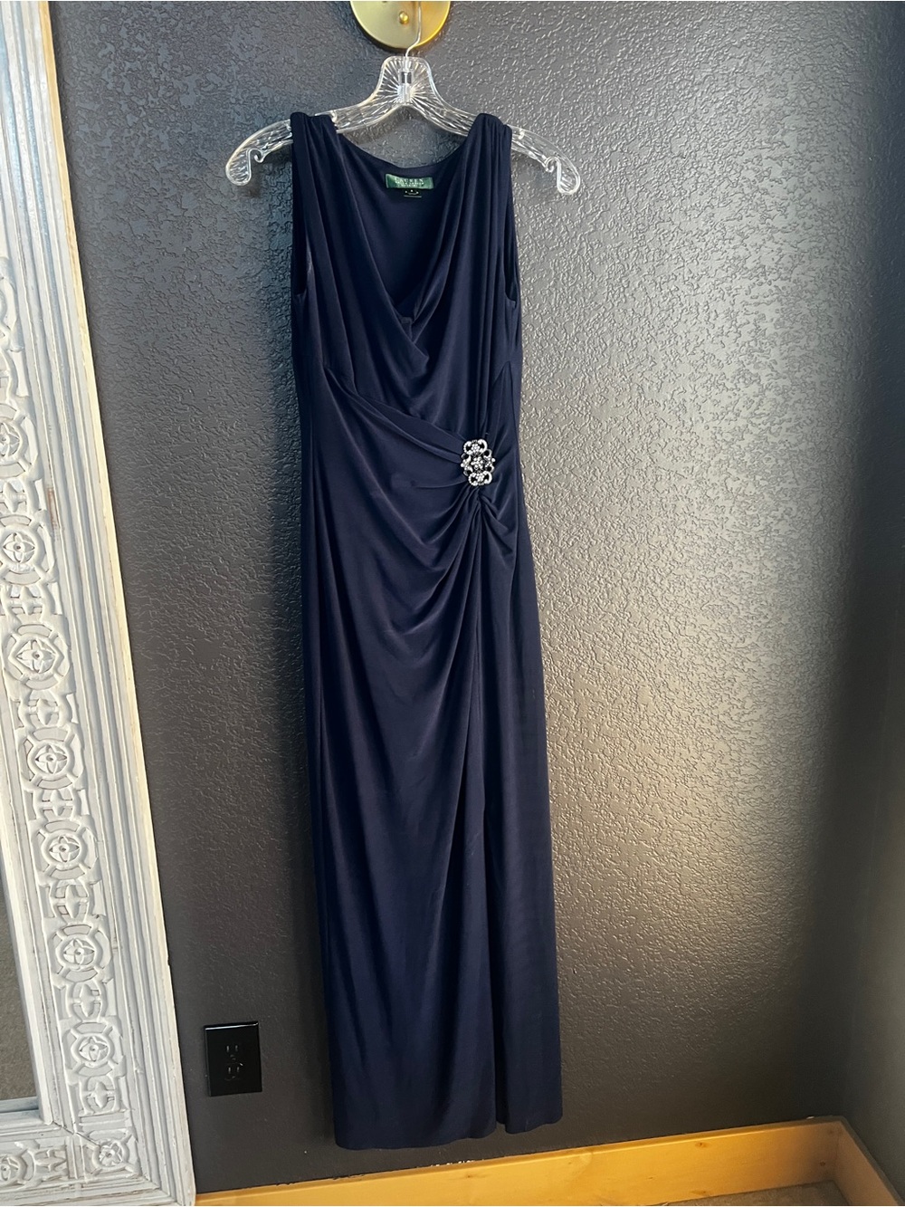 Lauren Ralph Lauren Navy Blue Sleeveless Draped Evening Gown with Brooch